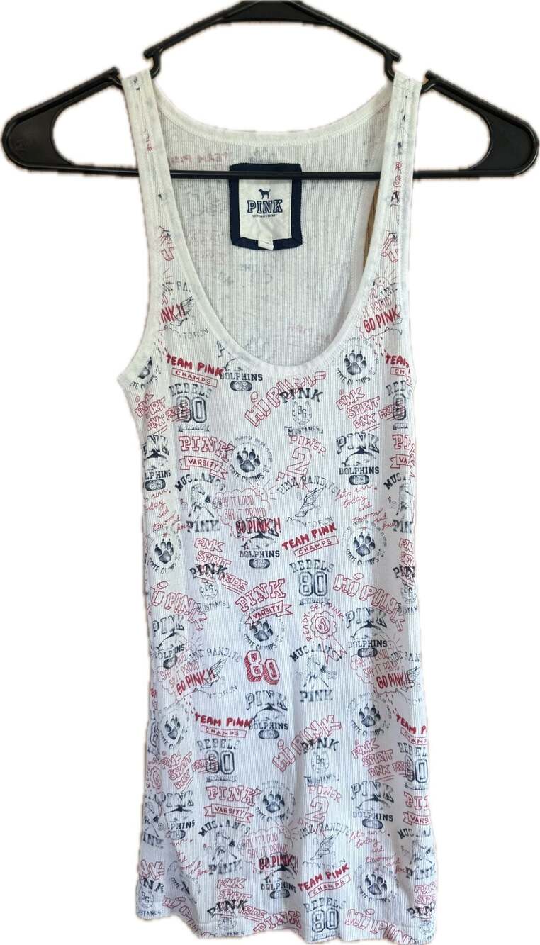 Victoria's Secret PINK White Ribbed Tank Top with All-Over Doodle Print